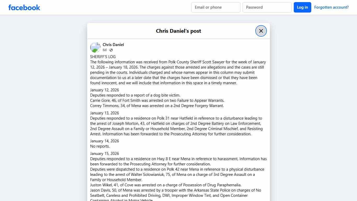 Chris Daniel - SHERIFF’S LOG The following information was... Facebook